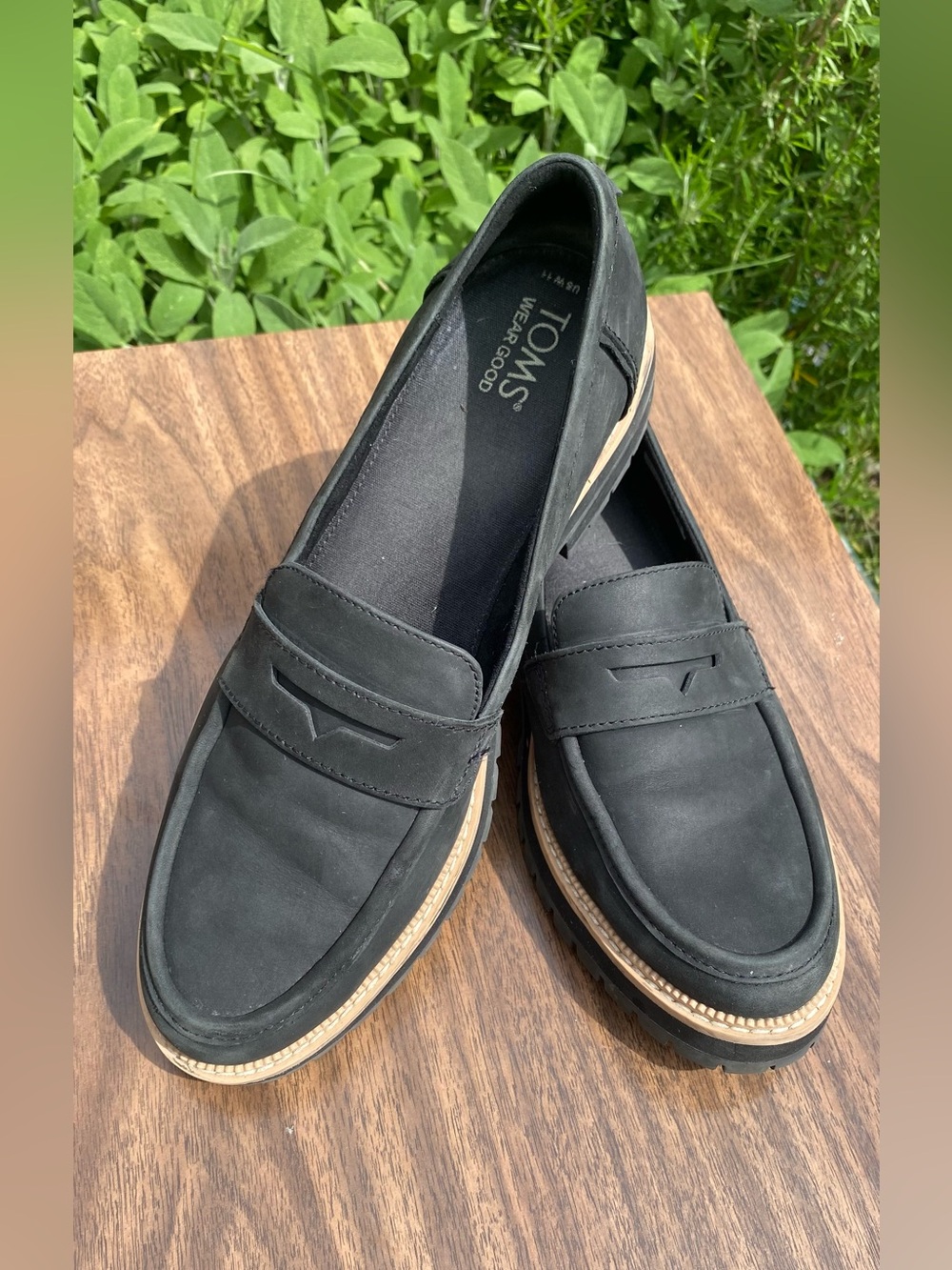 TOMS Black Loafers with Tan Trim